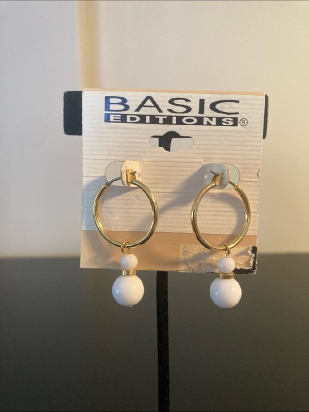 Basic Editions Gold Hoop Earrings with White Bead Drops